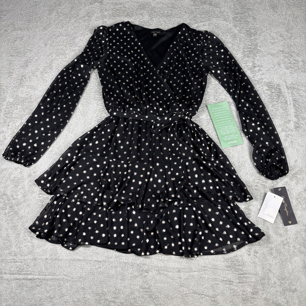 City Triangles Black & Gold Polka Dot Long Sleeve Tiered Ruffle Dress Sz 3 New